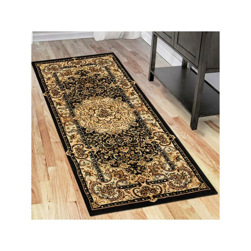 OBSESSIONS Traditional Polypropylene Bedside Runner Black & Taupe (2.5x5 Feet)