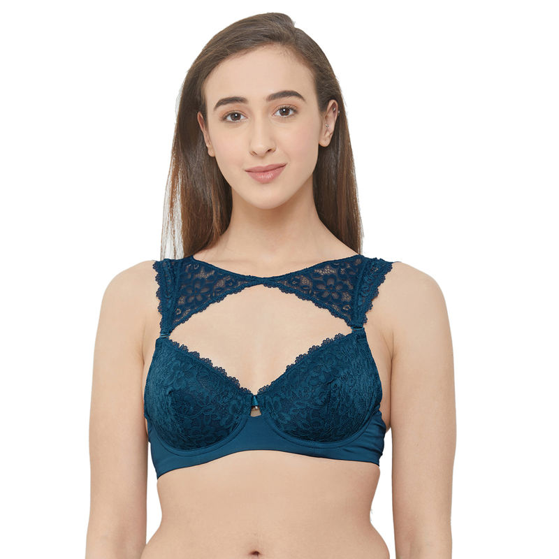 SOIE Medium Coverage Non Padded Wired Demi Cup Bra with Detachable Lace Harness-Moroccan-Blue (32B)