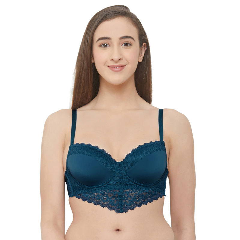 SOIE Semi/Medium Coverage Padded Wired Demi Cup Lace Bra-Moroccan-Blue (38B)