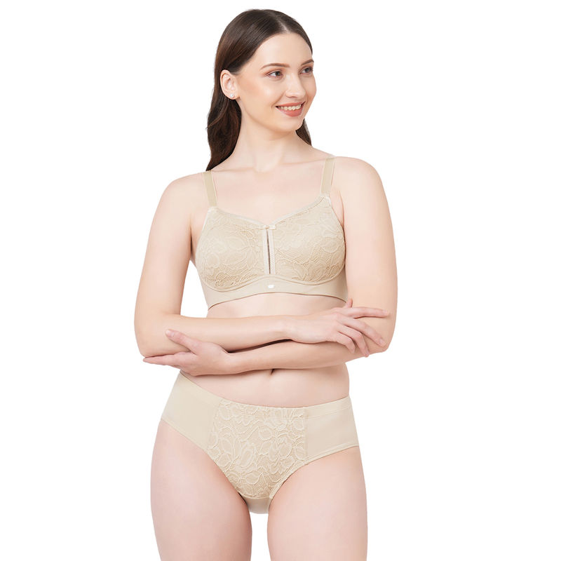 SOIE Women's Non-Padded Non-Wired Lace Bra With High Waist Lace Brief Beige (Set of 2) (36B)
