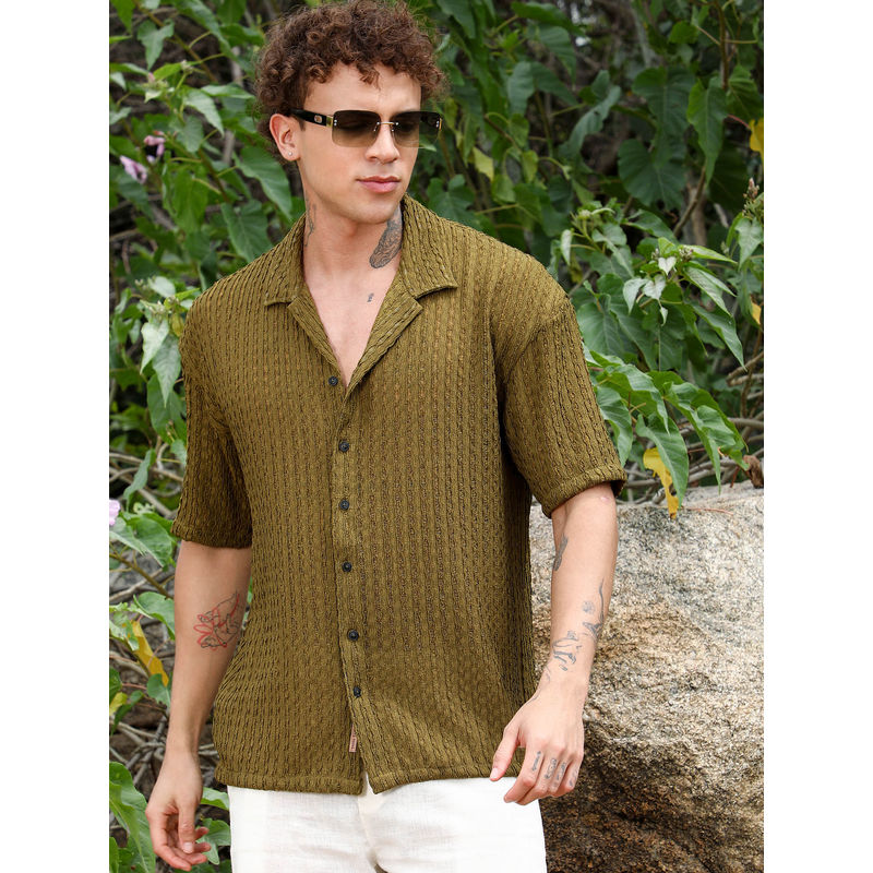 Campus Sutra Mens Army Green Textured Knit Oversized Shirt (S)