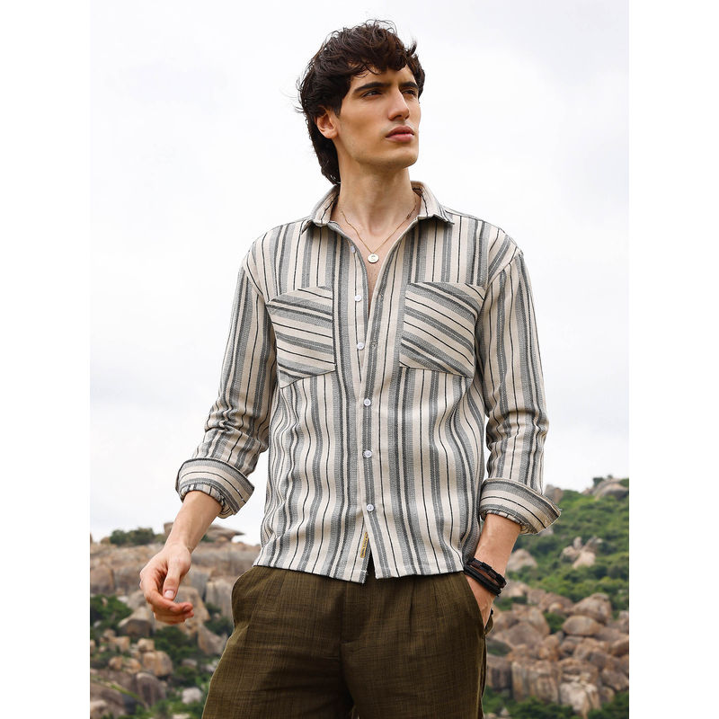 Campus Sutra Mens Bone Multi-Color Multitrack Striped Oversized Shirt (L)