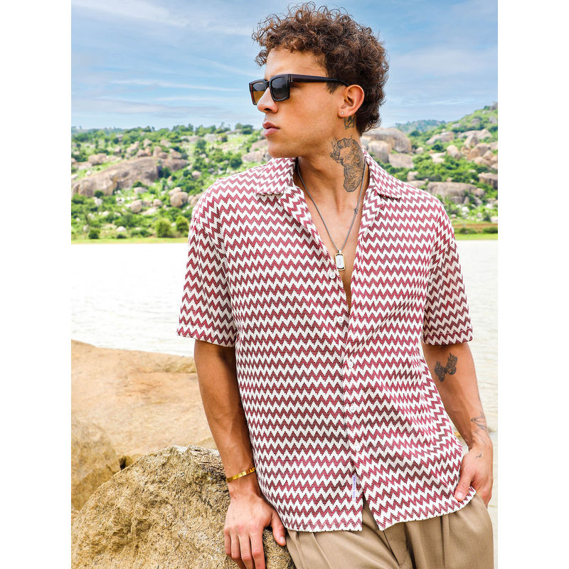 Campus Sutra Mens Terracotta White Chevron-Striped Oversized Shirt (S)