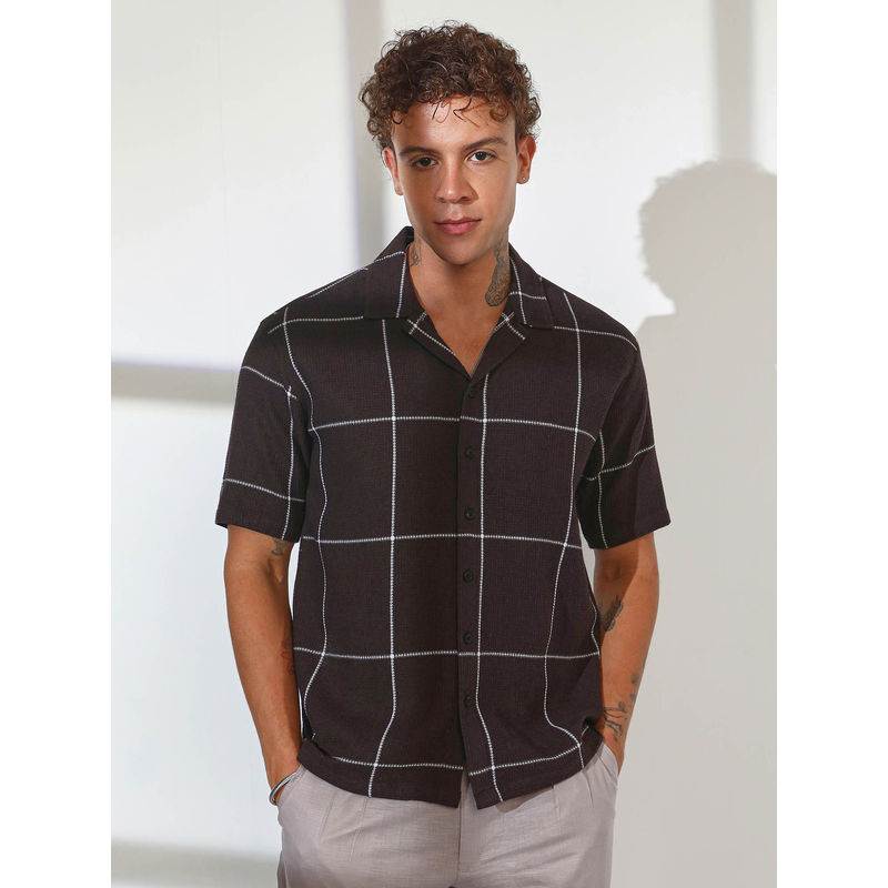 Campus Sutra Mens Taupe Brown Graph Check Oversized Shirt (S)