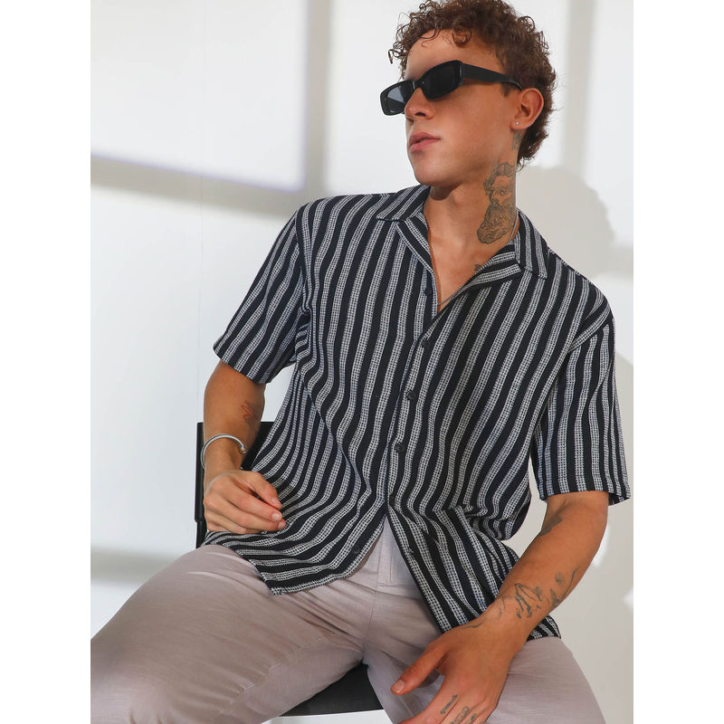 Campus Sutra Mens Midnight Multi-Color Candy Striped Knit Oversized Shirt (M)