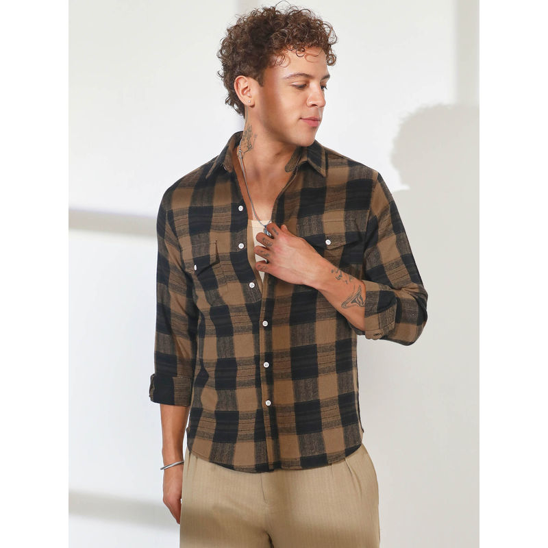 Campus Sutra Mens Tan Brown and Buffalo Check Shacket (M)