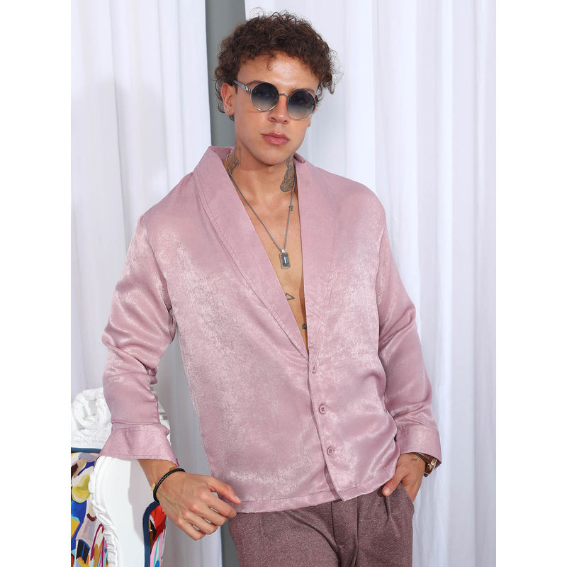 Campus Sutra Mens Flamingo Pink Shawl Collar Shirt (L)