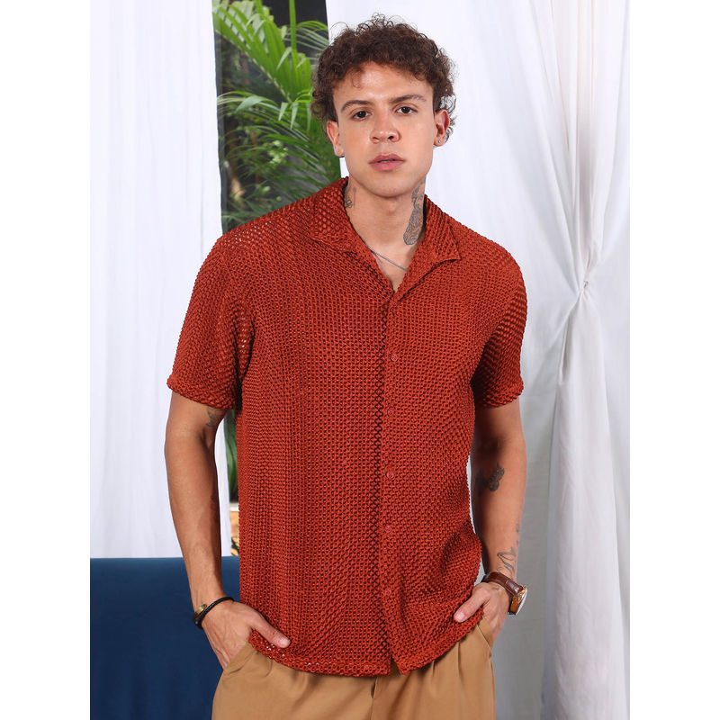 Campus Sutra Mens Terracotta Red Puffy-Textured Shirt (M)