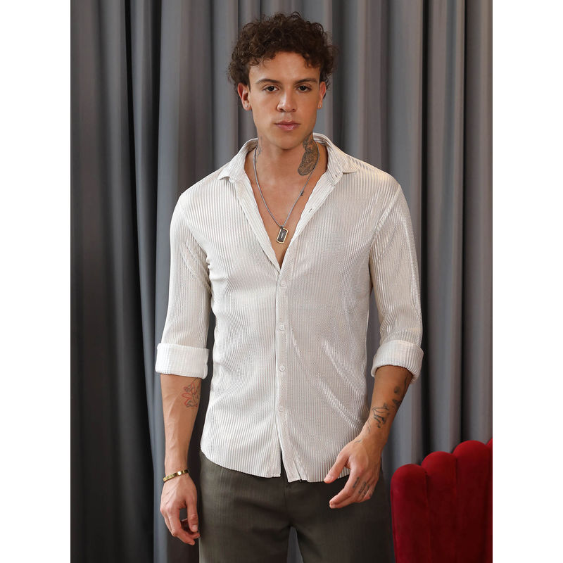 Campus Sutra Mens Daisy White Metallic Pleated Shirt (L)