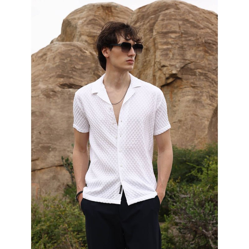 Campus Sutra Mens Chalk White Self-Design Block Shirt (S)