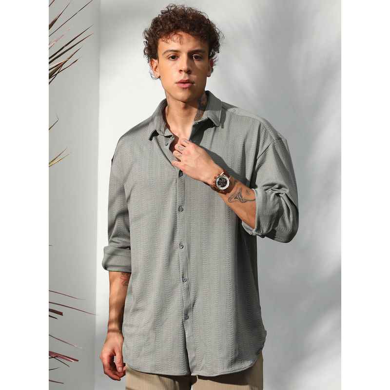 Campus Sutra Mens Ash Grey Stripe-Textured Shirt (S)