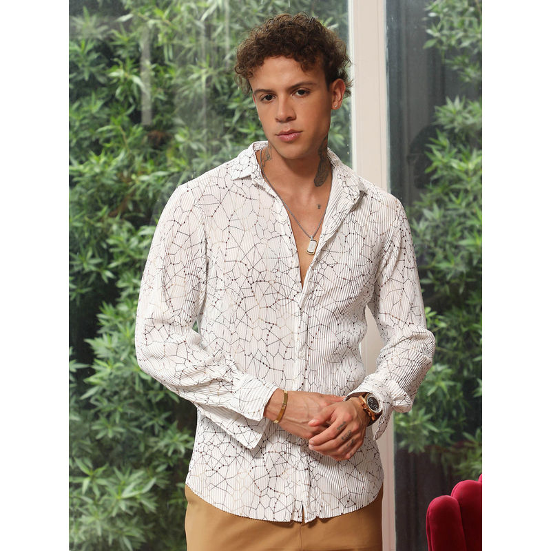Campus Sutra Mens Chalk White Veined-Pleated Shirt (S)