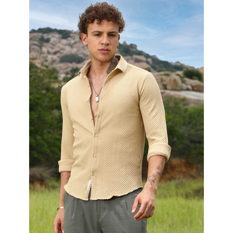 Campus Sutra Mens Tan Brown Micro Cubic-Textured Shirt (L)