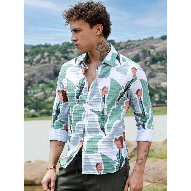 Campus Sutra Mens Pistachio Multi-Color Printed Tulip Shirt (S)