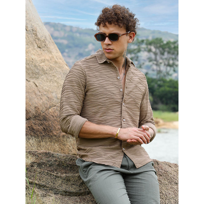 Campus Sutra Mens Mocha Brown Self-Design Wave Shirt (S)