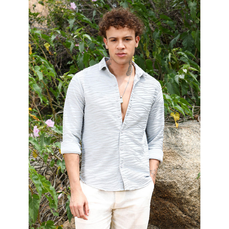 Campus Sutra Mens Baby Blue Self-Design Wave Shirt (S)