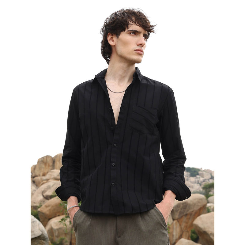 Campus Sutra Mens Midnight Black Pastel Striped Shirt (L)