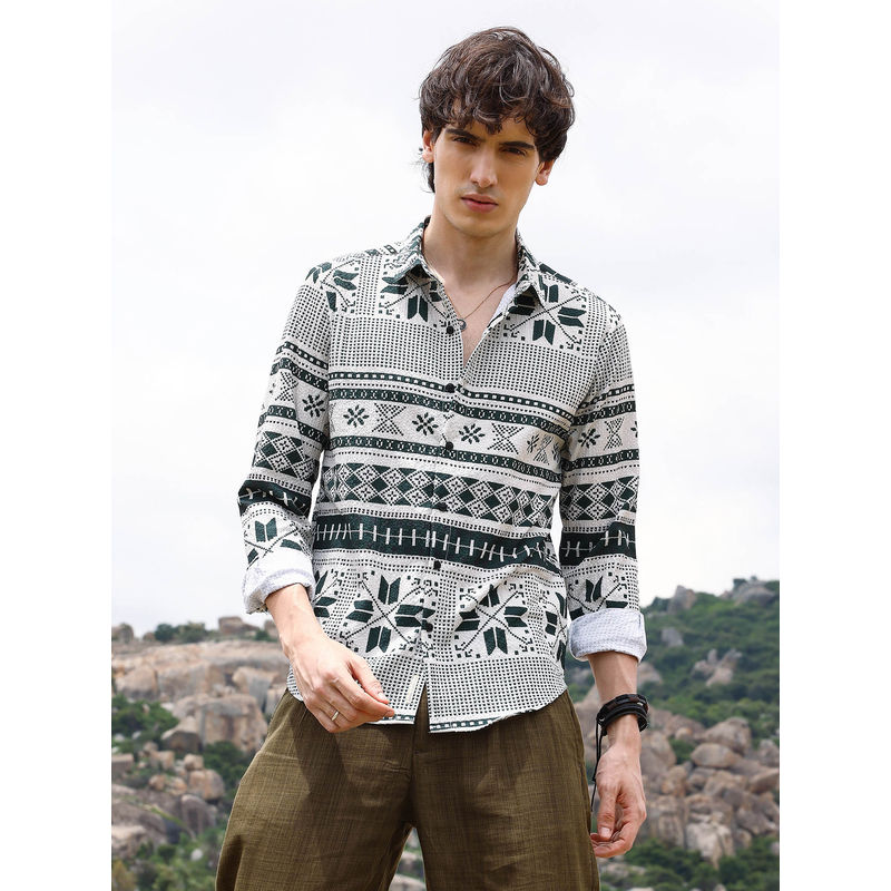 Campus Sutra Mens Forest Green Geometric Seersucker Shirt (M)