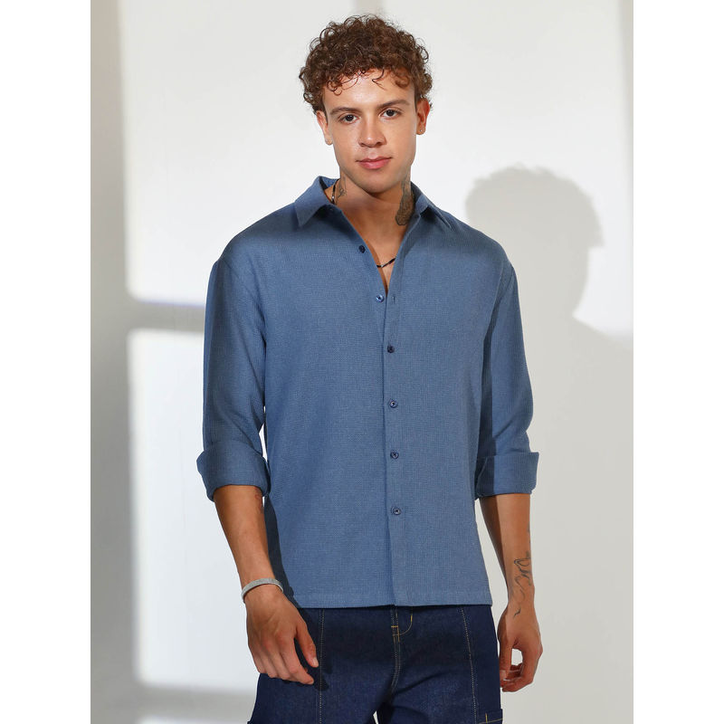 CAHOOT Mens Lapis Blue Waffle-Knit Shirt (L)