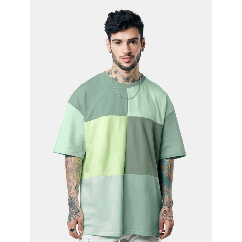 The Souled Store Solids Green Colour Block Oversized T-Shirt for Men (XS)