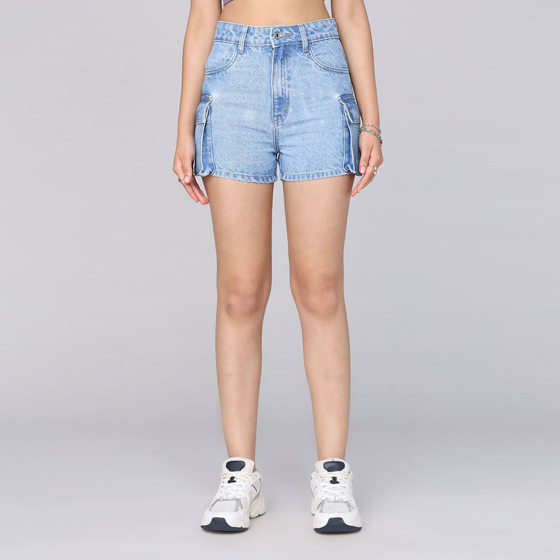 MIXT by Nykaa Fashion Blue High Waist Cargo Denim Shorts (28)