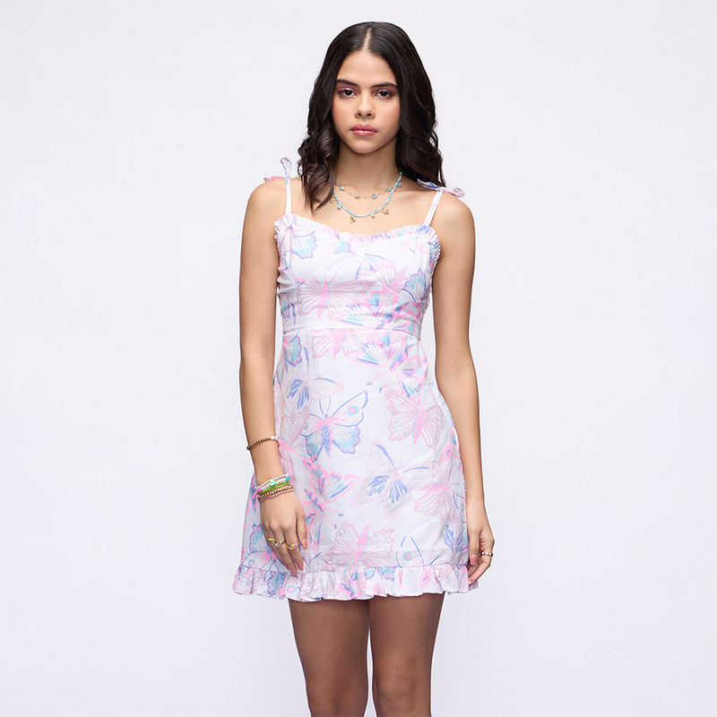 MIXT by Nykaa Fashion White and Pink Butterfly Print Tie Up Straps Ruffled Mini Dress (M)