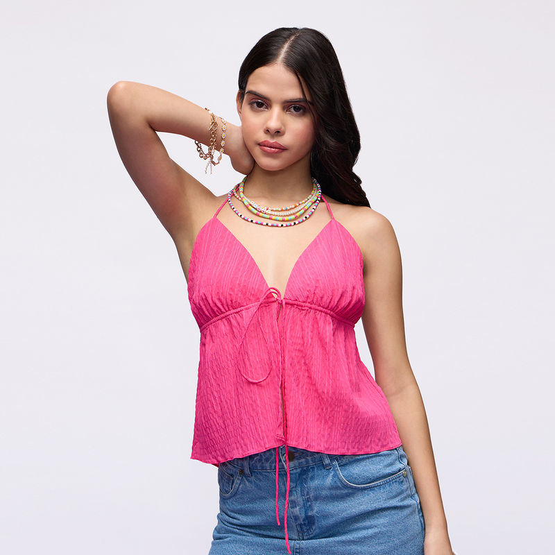 MIXT by Nykaa Fashion Hot Pink Halter Neck Textured Top (M)