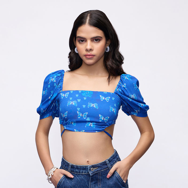 MIXT by Nykaa Fashion Blue Butterfly Print Puff Sleeves Crop Top (XS)