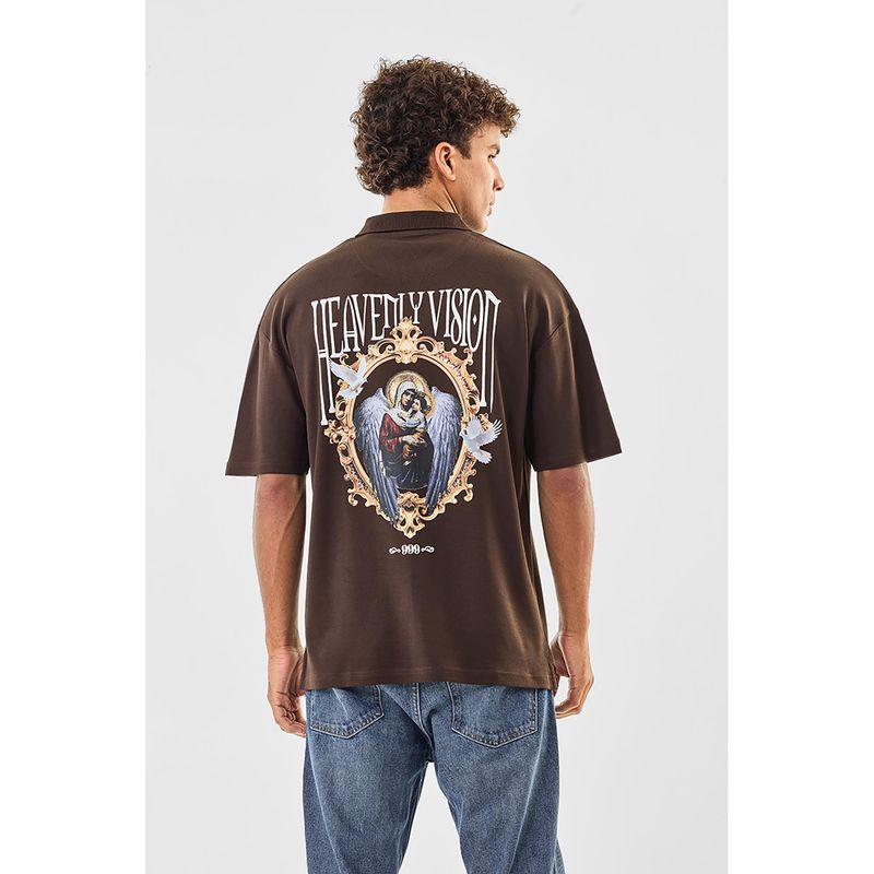 Snitch Brown Graphic Half Sleeves Oversized Casual Polo T-Shirt (L)