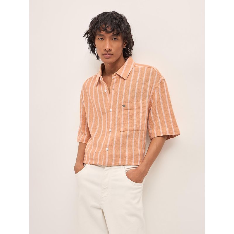 THE BEAR HOUSE Men's Peach Relaxed Fit Cotton Stripes Shirt (L)
