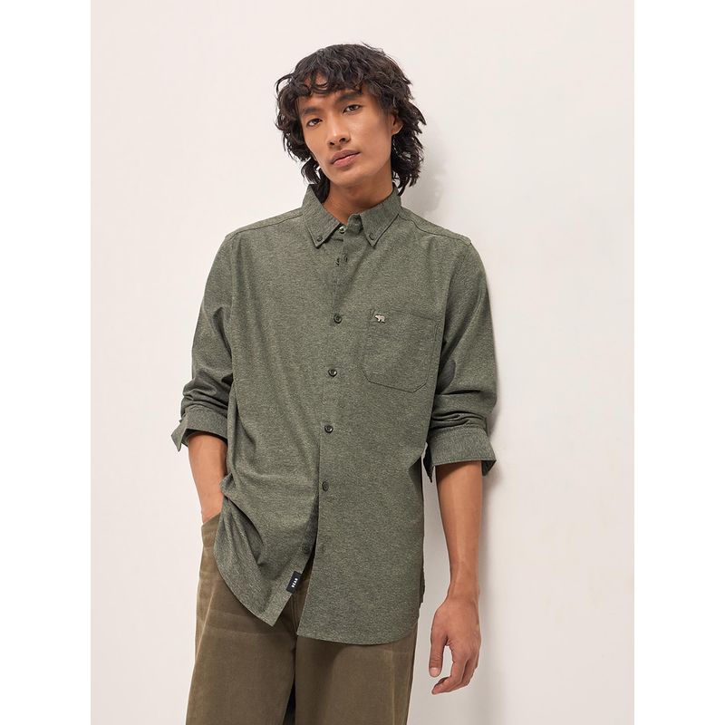 THE BEAR HOUSE Men's Green Slim Fit Solid Shirt (XL)