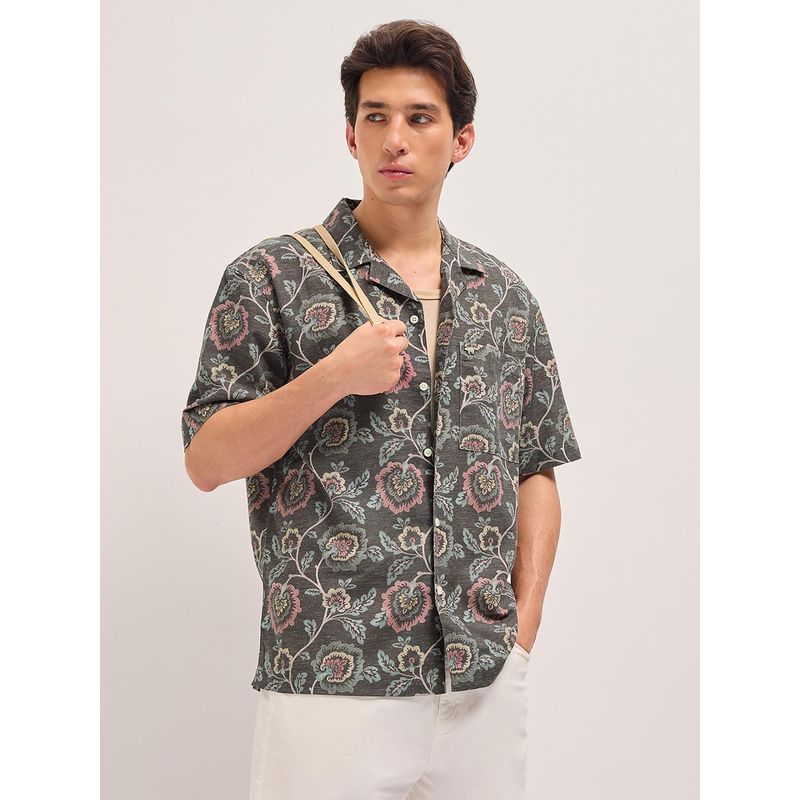THE BEAR HOUSE Men's Grey Oversized Fit Floral Shirt (S)
