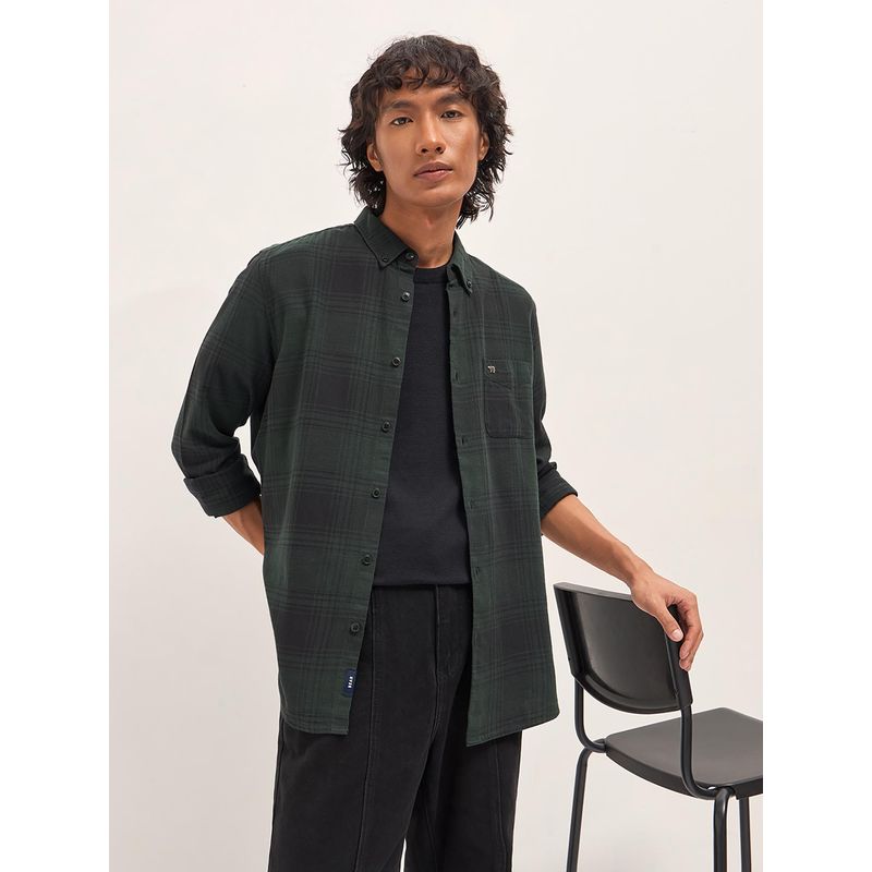 THE BEAR HOUSE Men's Green Checks Cotton Slim Fit Flannel Shirt (S)