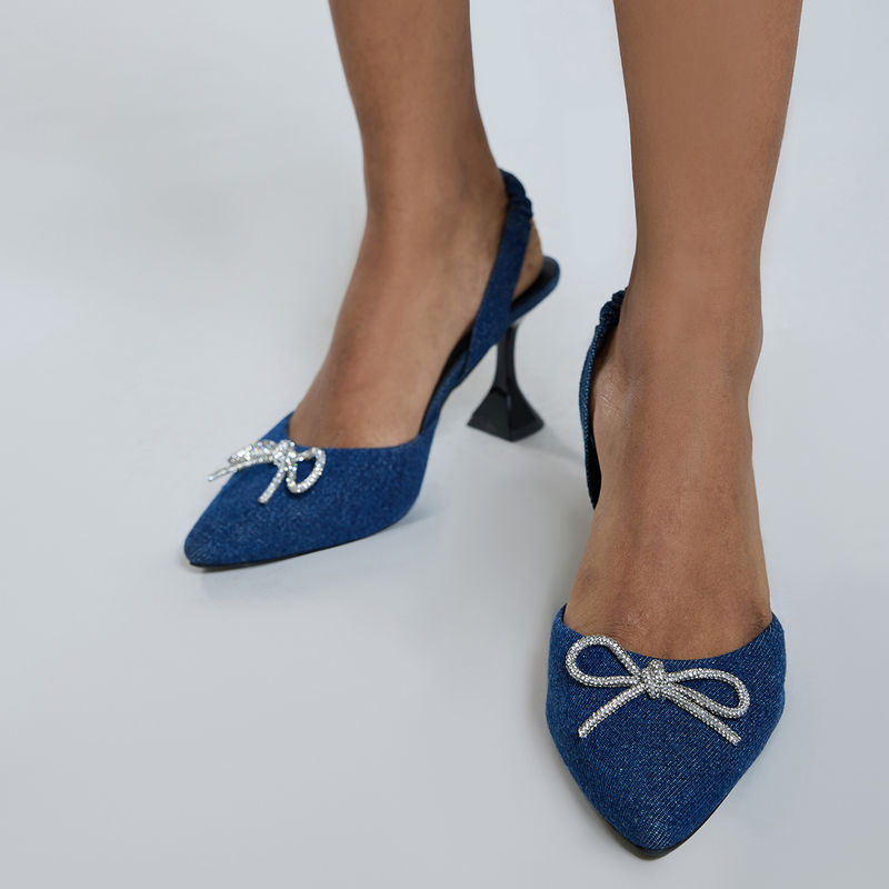 RSVP by Nykaa Fashion Blue Denim Pointed Toe Diamante Embellished Bow Flared Heels (EURO 36)