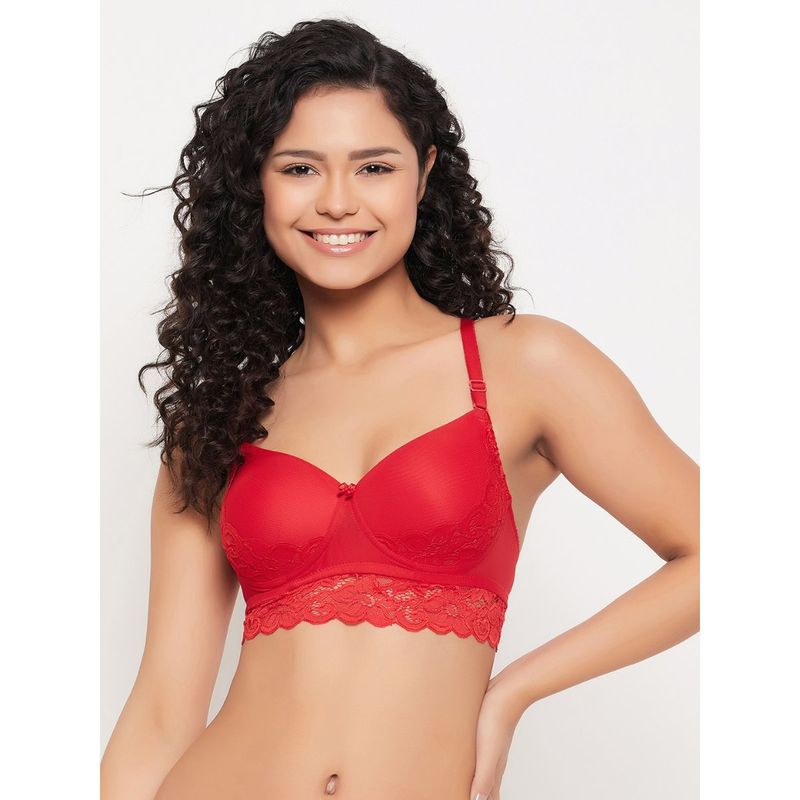 Buy Clovia Lace Solid Padded Full Cup Wire Free Bralette Bra - Red online