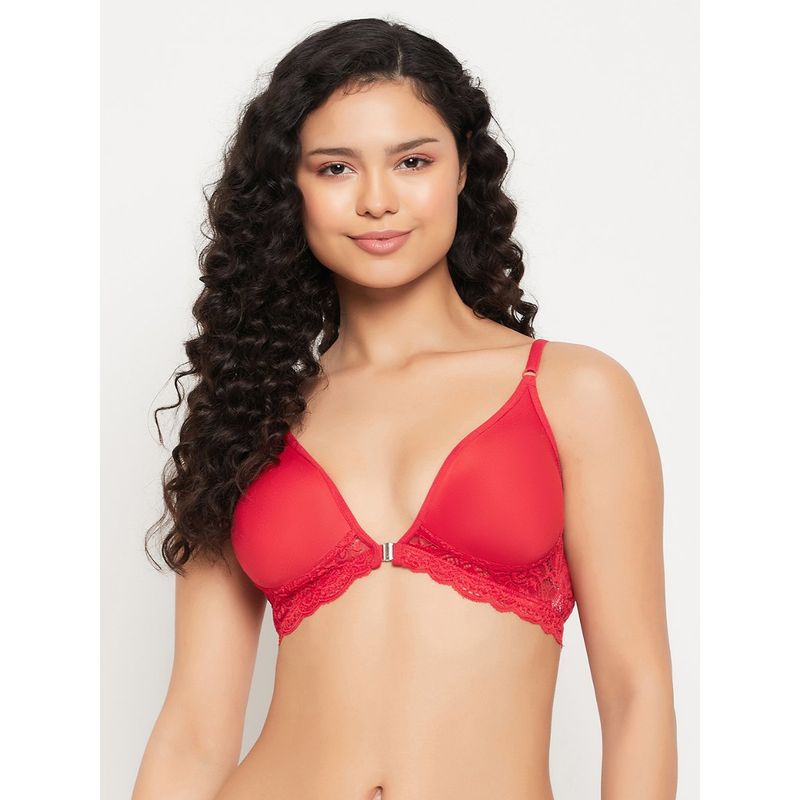 Clovia Cotton Solid Non-Padded Demi Cup Wire Free Plunge Bra - Red (40B)