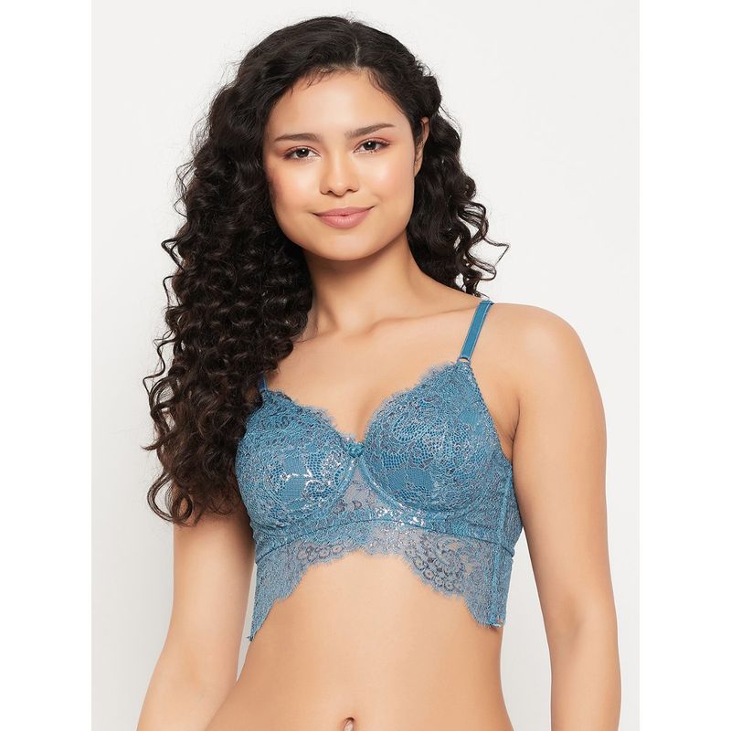 Clovia Lace Solid Non-Padded Full Cup Underwired Bralette Bra - Blue (40B)