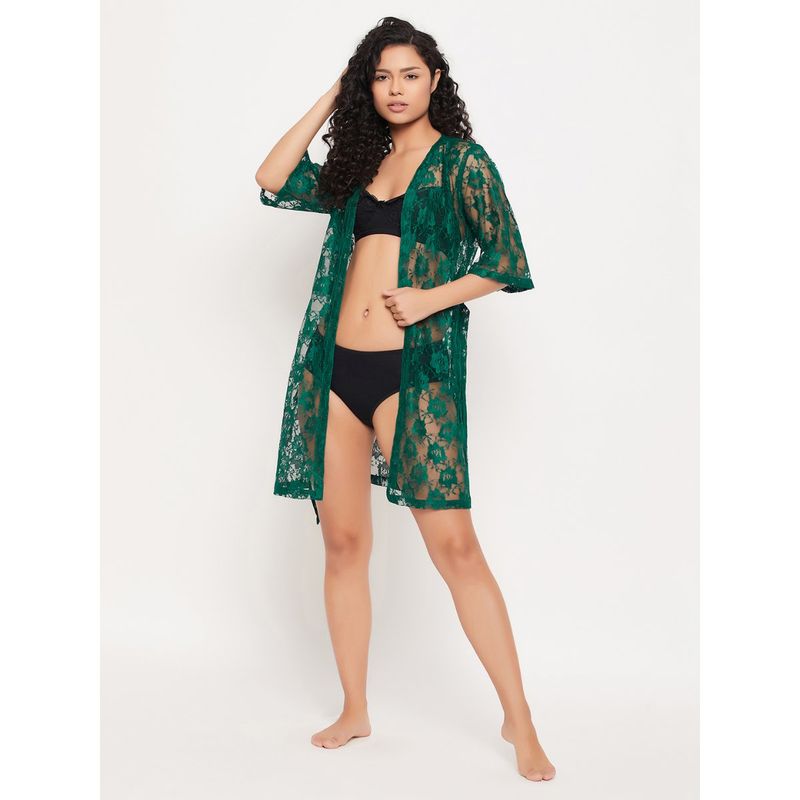 Clovia Lace Basic Sheer Robe Green (S)
