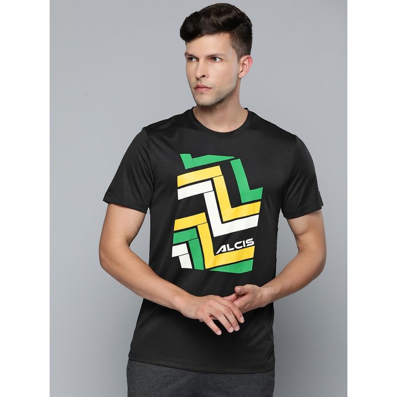 Alcis Men Black Yellow Printed Slim Fit T-shirt (M)