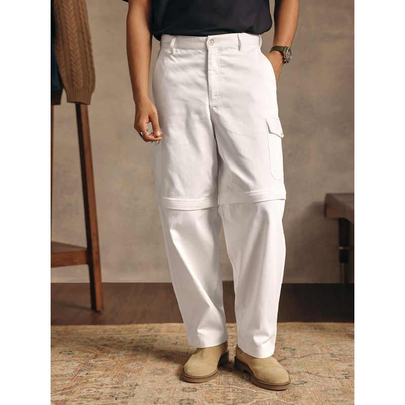 Andamen Men Solid Cotton Blend Straight Regular Fit Zipper Casual White Cargo (30)