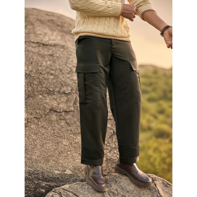 Andamen Men Solid Nylon Blend Straight Regular Fit Zipper Casual Olive Cargo (30)