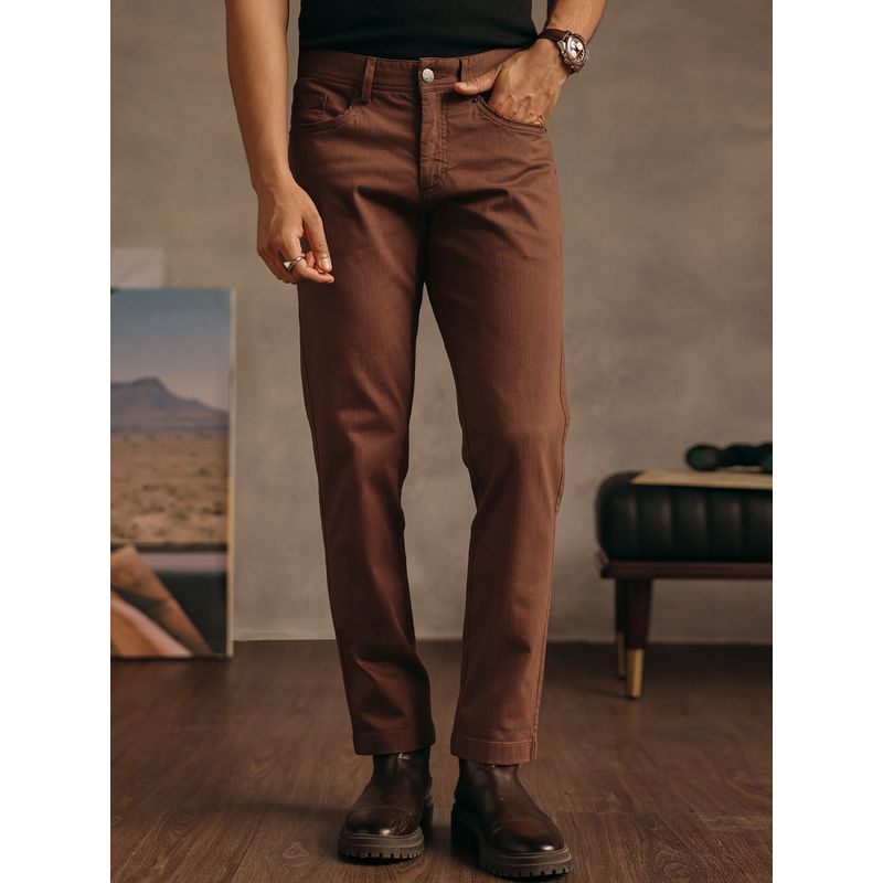 Andamen Men Solid Stretch Cotton Blend Regular Fit Zipper Casual Brown Chinos (30)