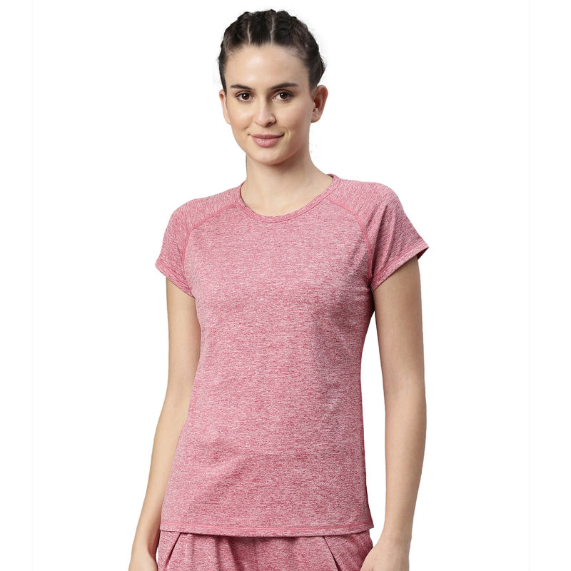 Enamor Athleisure Womens E089-Short Sleeve Scoop Neck Slim Active Graphic Tee-Strawberry - Pink (S)