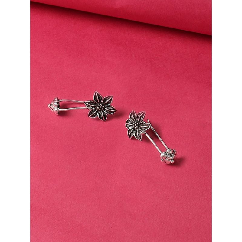OOMPH Oxidised Silver Floral Ethnic Ear Cuff Earrings (Set of 2) Buy