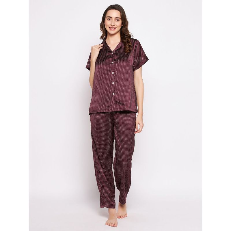 Clovia Maroon Rayon Printed Shirt and Pyjama (Set of 2) (L)