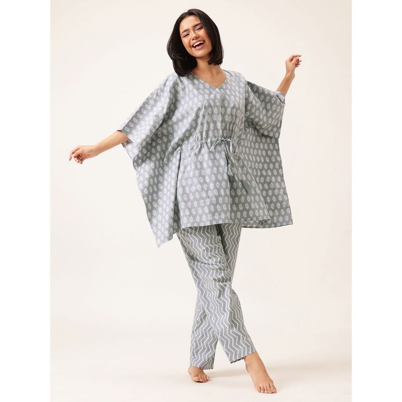 Clovia Grey Cotton Printed Kaftan and Pyjama (Set of 2) (S)
