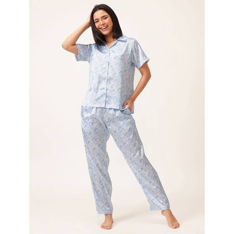 Clovia Blue Satin Printed Shirt and Pyjama (Set of 2) (2XL)