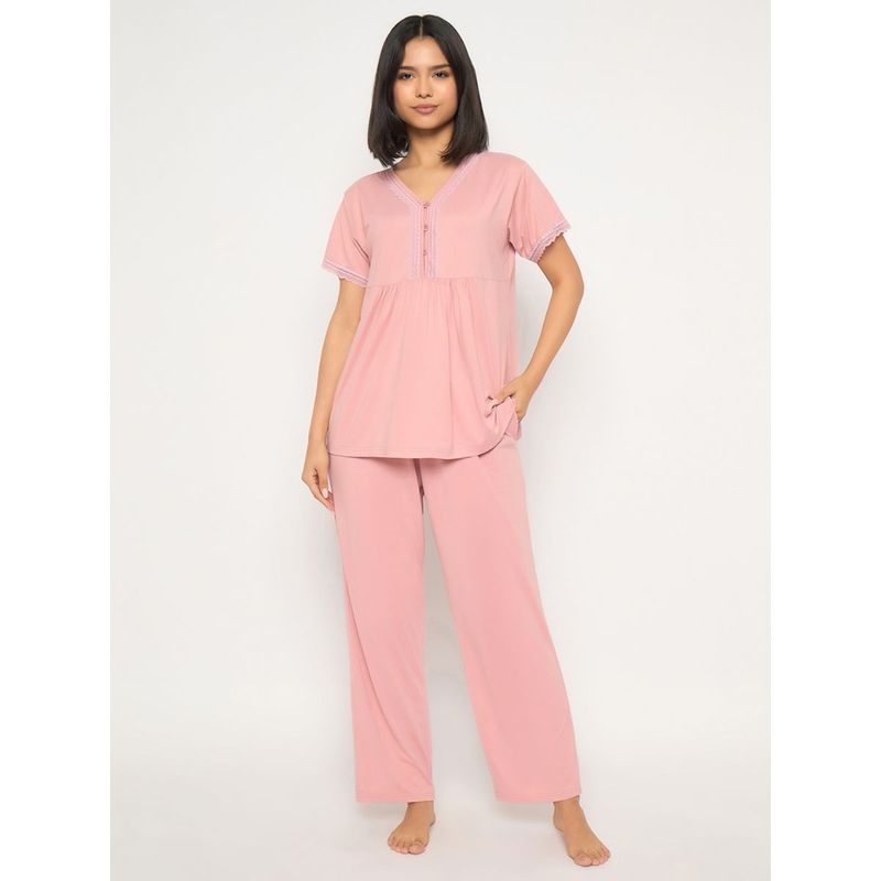 Clovia Peplum Top and Pyjama In Light Pink (Set of 2) (S)