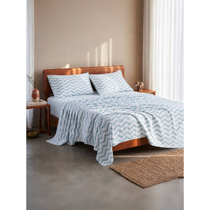 LANE LINEN 100% Organic Cotton Double Bedsheet with 2 Pillow Covers - White Geometric
