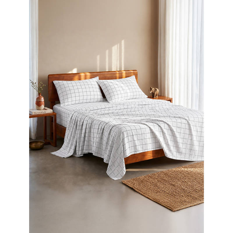 LANE LINEN 100% Organic Cotton Super King Bedsheet with 2 Pillow Covers - White Checks